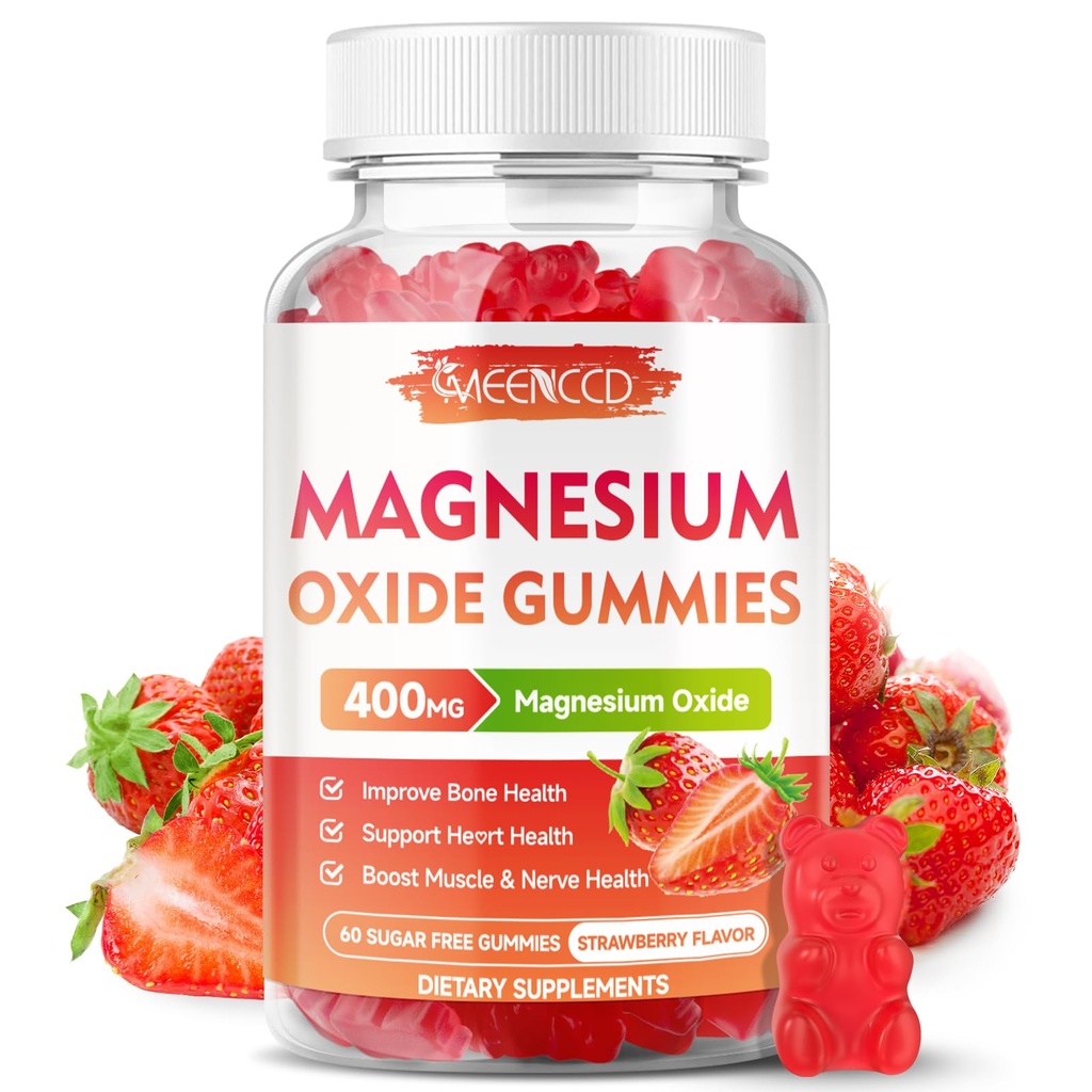 Magnesium Oxide Gummies 400mg, Chewable Magnesium Oxide Supplement för vuxna och barn, Nerve & Muscle Support, Non-GMO, Sugar-Free, Strawberry Flavor, 60 Count