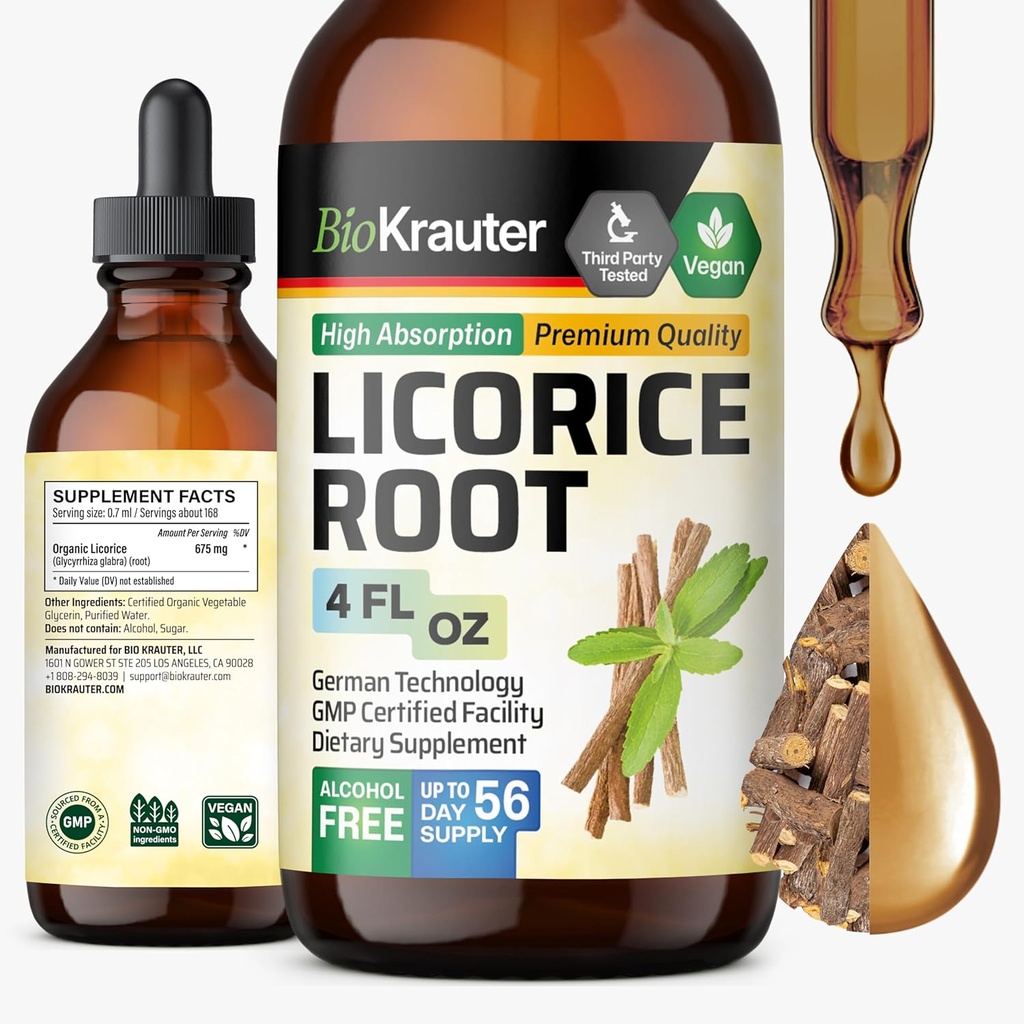 BIO KRAUTER Licorice Root Tincture - Licorice Root Extract för Digestive Support - Alkohol och Sugar Free - Vegan Drops 4 Fl.Oz.