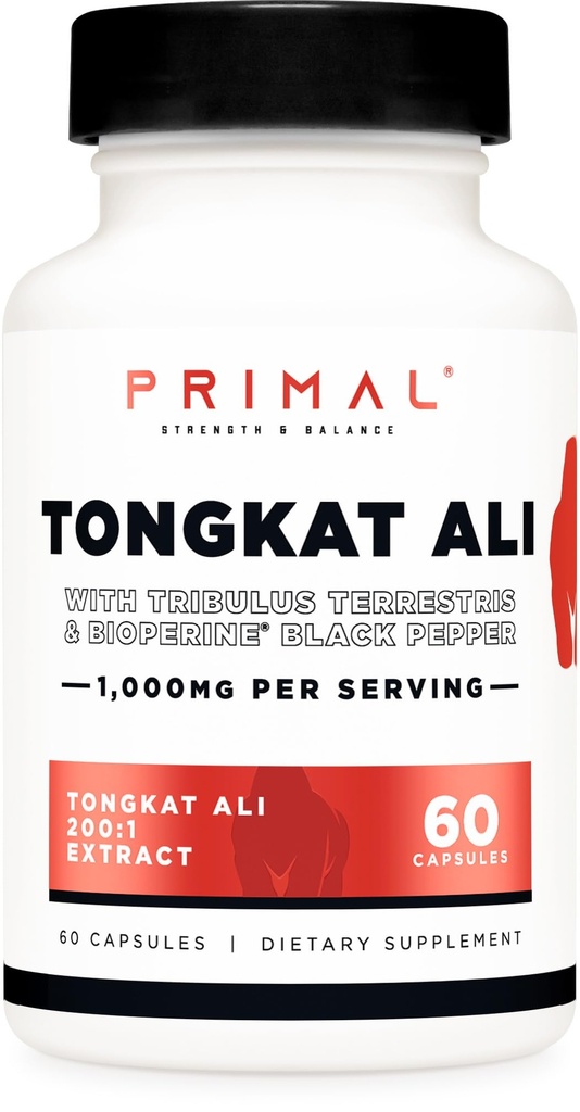 Primal Tongkat Ali Capsules (60 kapslar / 30 portioner, 1000 mg per portion) - Long Jack Supplement för män, Gluten Free, Non-GMO Herbal Nutritional Supplement