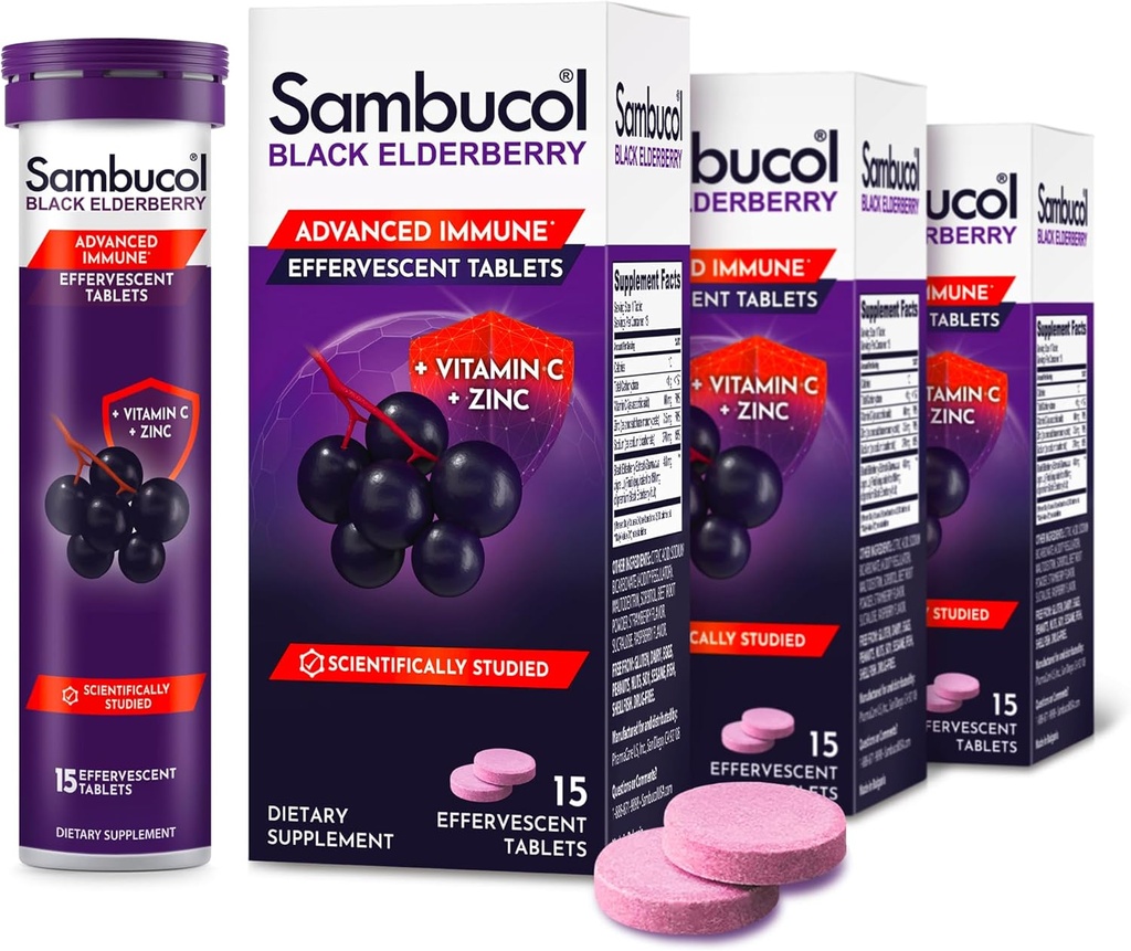 Sambucol Black Elderberry tabletter med vitamin C & Zink - Immune Support Supplement, Black Elderberry med Zink och vitamin C Effervescent tabletter, höga antioxidanter, dricka fizzies - 15 tabletter