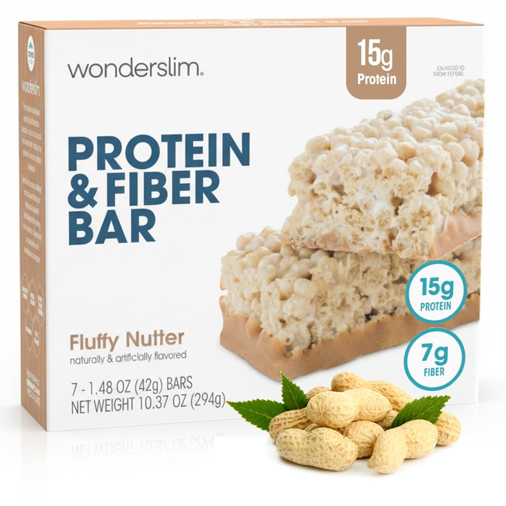 Wonderslim High Fiber Protein Bars, Fluffy Nutter | 15g Protein, 7g Fiber | Low Sugar, Low Carb | Healthy Indulgence | Satisfying, Supports Energy & On-the-Go Convenience, 7 Pack