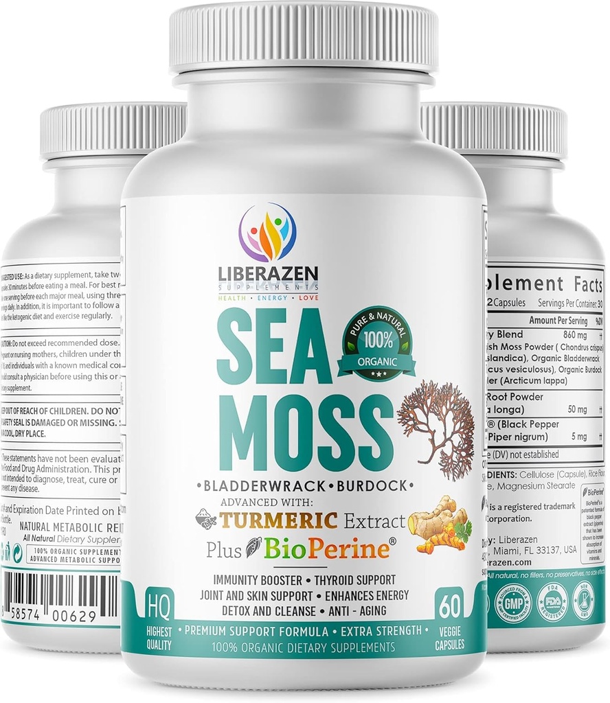 Organiska irländska Sea Moss Pills - Wildcrafted Dr Sebi Inspired Seamoss Blend med gurkmeja, Burdock Root & Bladderwrack, Förbättrad med Black Pepper - 60 kapslar