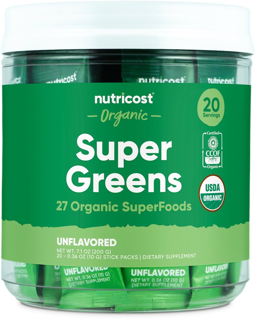 Nutricost Organic Super Greens (Unflavored) 20 Stickpacks - Glutenfri, icke-GMO