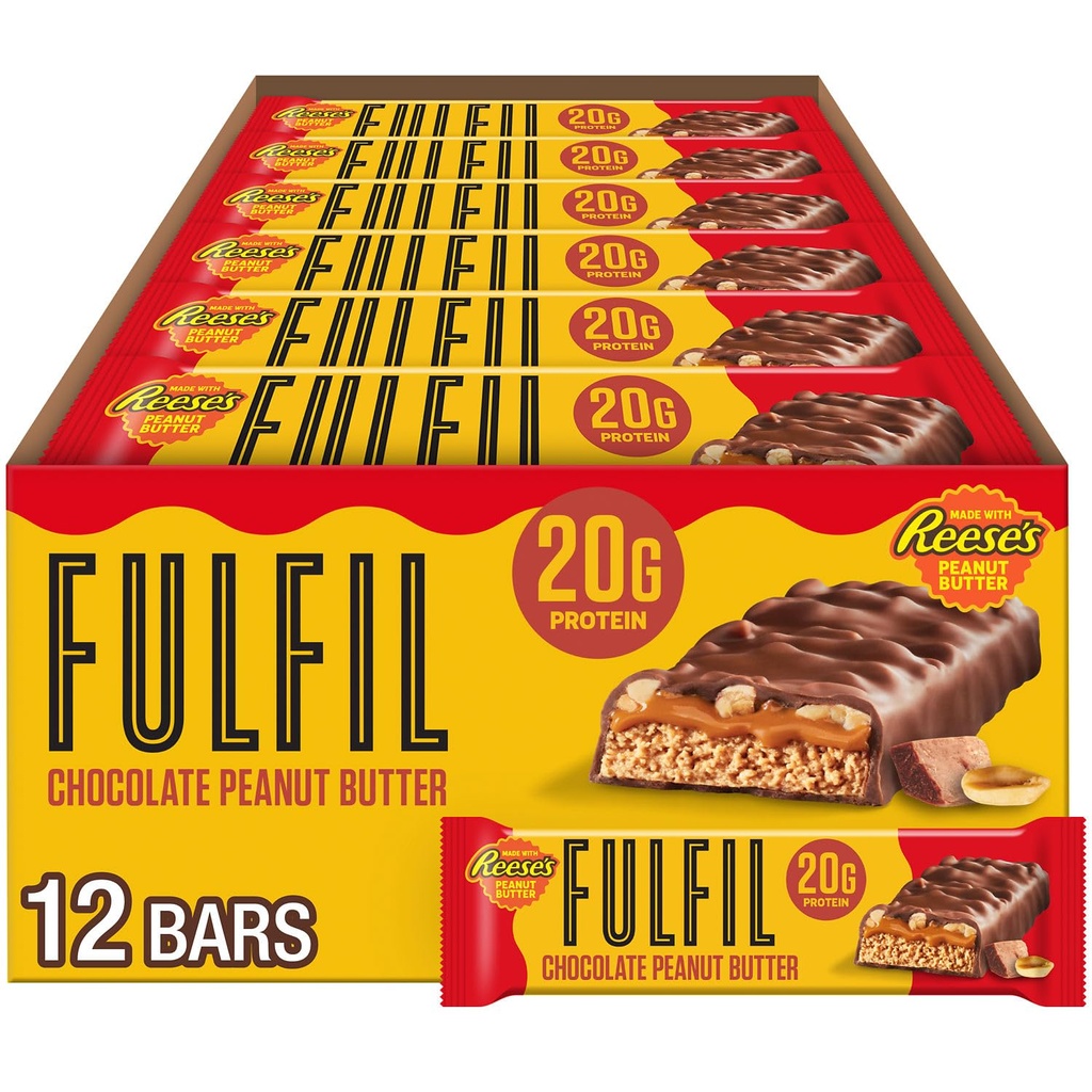 FULFIL Chocolate Peanut Butter Flavored Protein Bar Made with REESE's Peanut Butter, Gluten Free with 20g Protein, Pantry Staples, 12 Count