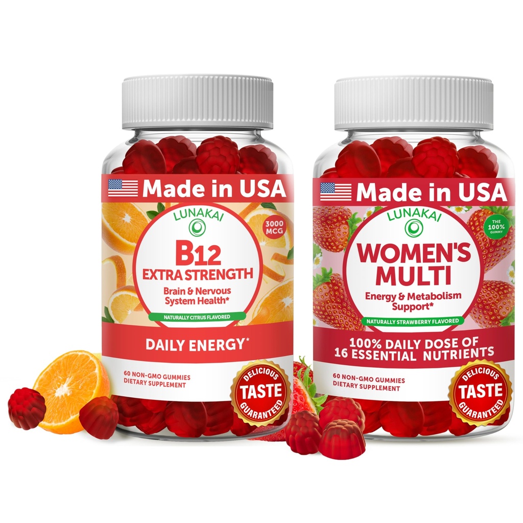Lunakai Vitamin B12 och Women's Multivitamin Gummies Bundle - 3000mcg Methylcobalamin High Absorption Energy Gummy - 100% dagligt värde av 16 Essential Vitaminer och mineraltillskott - 30 dagars leverans
