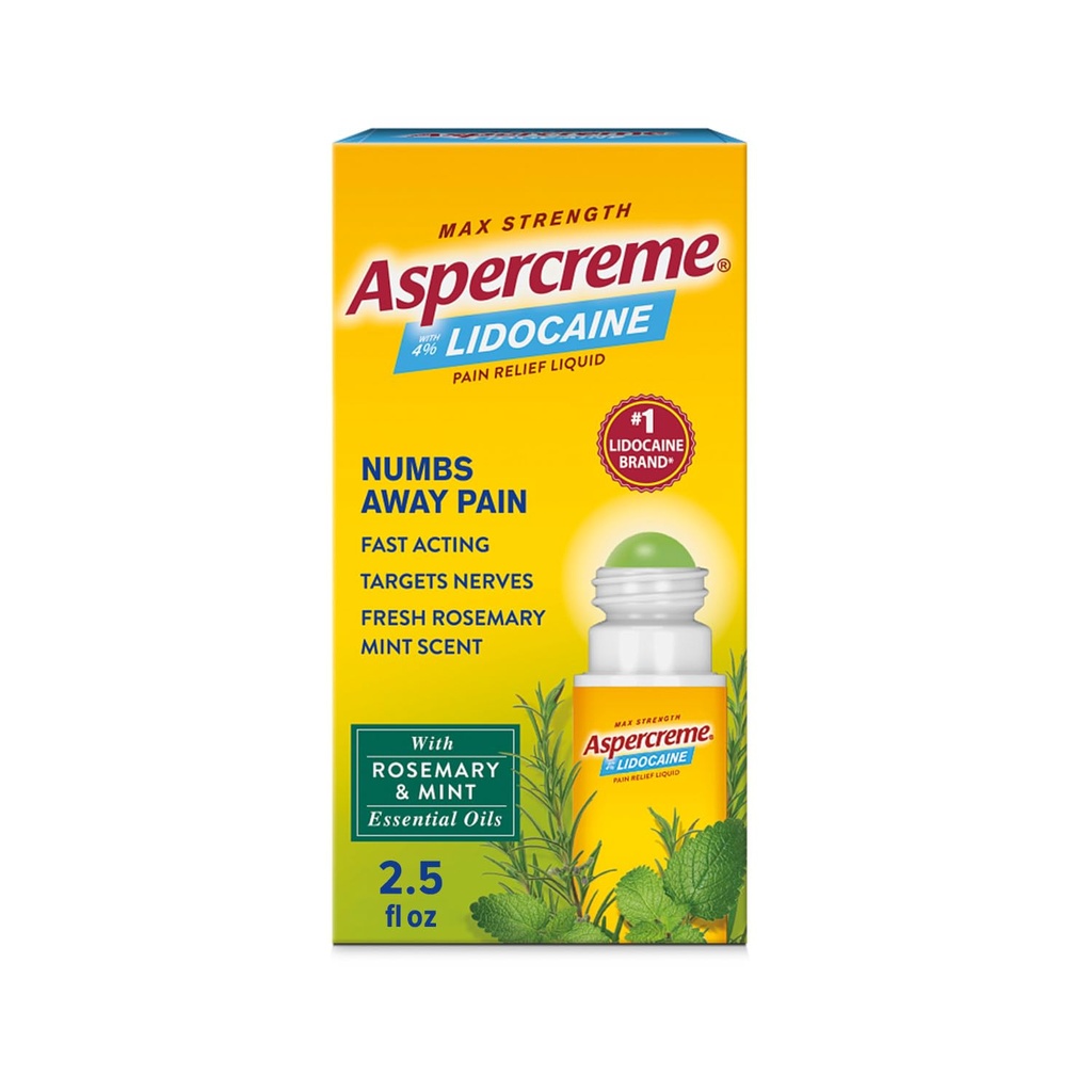 Aspercreme Essential Oils Lidocaine Pain Relief with No-Mess Roll-On Applicator, Max-Strength Lidocaine Numbs Away Nerve Pain, Moisturizing Aloe Hydrates Skin, Rosemary & Mint, 2.5 Oz.
