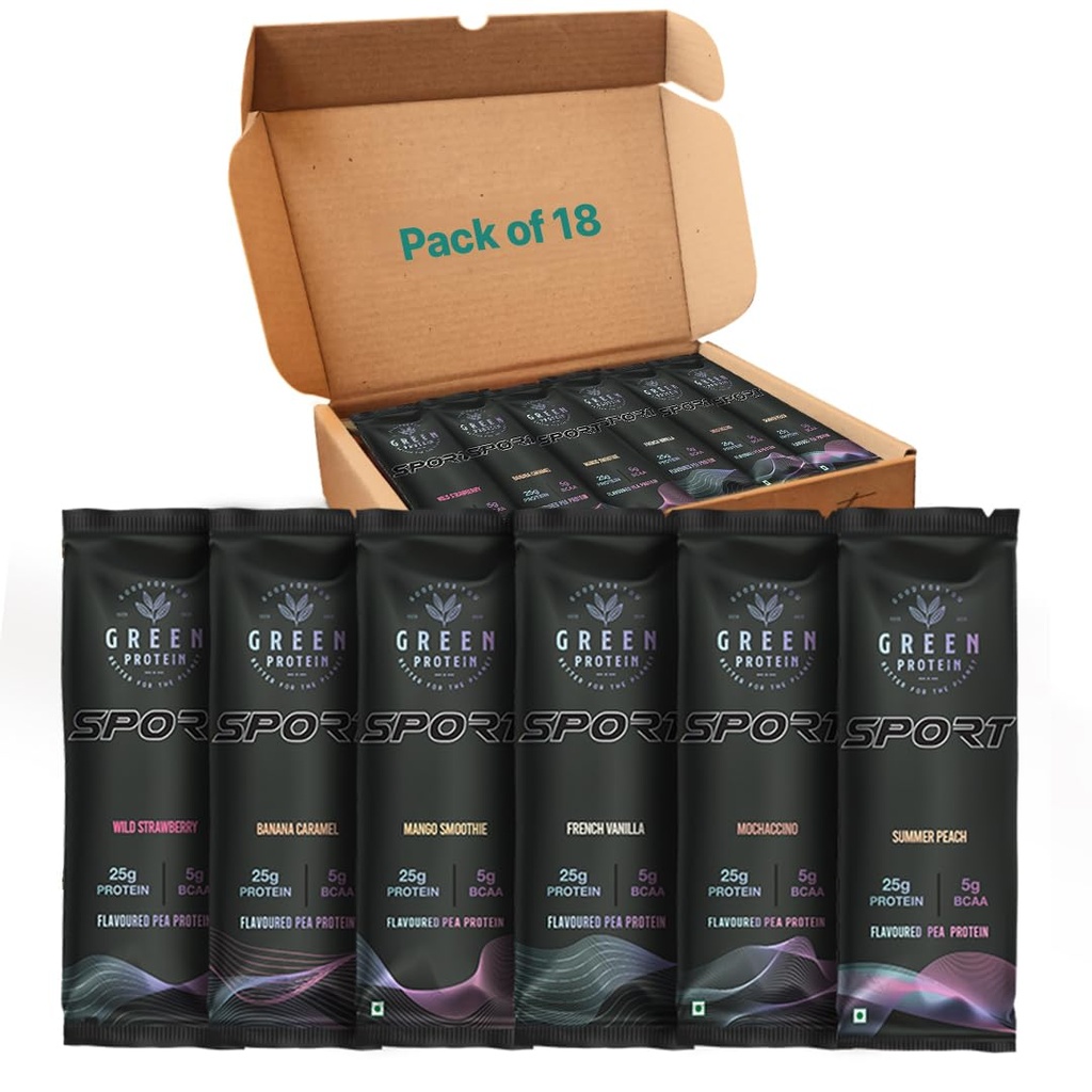 GreenProtein | Sport Pea Protein Isolate Powder, Dairy, Gluten, Allergen, Soy Free 6 Flavors x 3 Sachets 100% Vegan Plant Protein (Sport Multi Pack of 18)