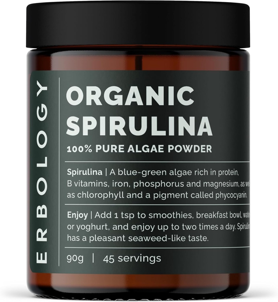 Erbologi Organic Spirulina Powder 3.2 oz - 45 portioner - Hållbart källad i Portugal - Energi och immunitetsstöd - Rik i klorofyll, B-vitaminer, järn och fosfor - Vegan - GMO-Free
