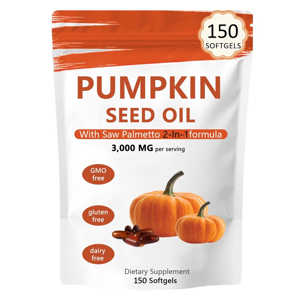 Pumpkin Seed Oil Capsules, 2 in 1 Pumpkin Seed Oil with Saw Palmetto for Hair Growth, 3000mg Per Serving, Cold Pressed, Supports Hair, Heart, Skin Supplement | Non-GMO | 150 Softgels | Only 1 Bag