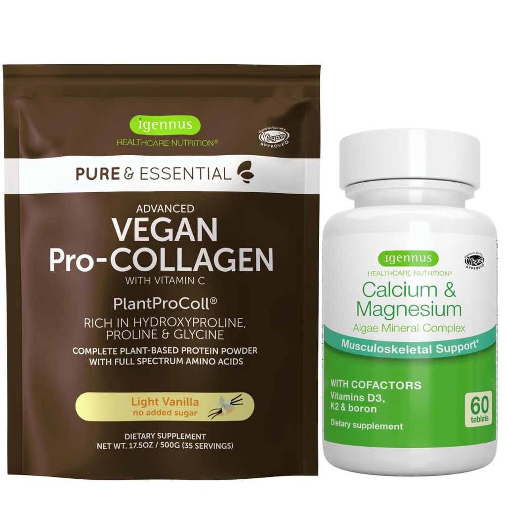 Vegan Vanilla Collagen Protein Powder + Calcium & Magnesium Complex Bundle, omfattande Bone Support, av Igennus
