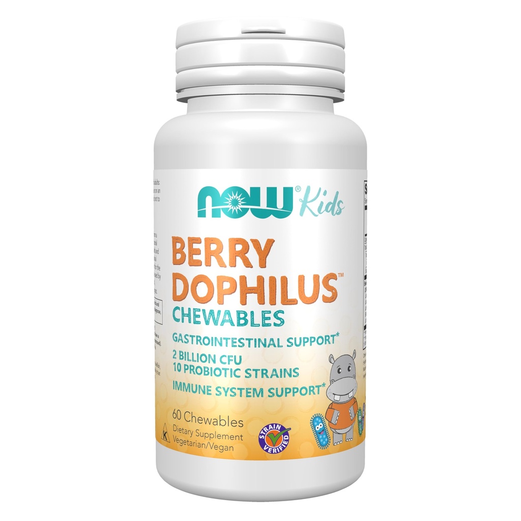 NOW Foods Supplements, BerryDophilusTM med 2 miljarder, 10 Probiotiska stammar, Xylitol Sweetened, Strain Verified, 60 Chewables, förpackningar kan variera