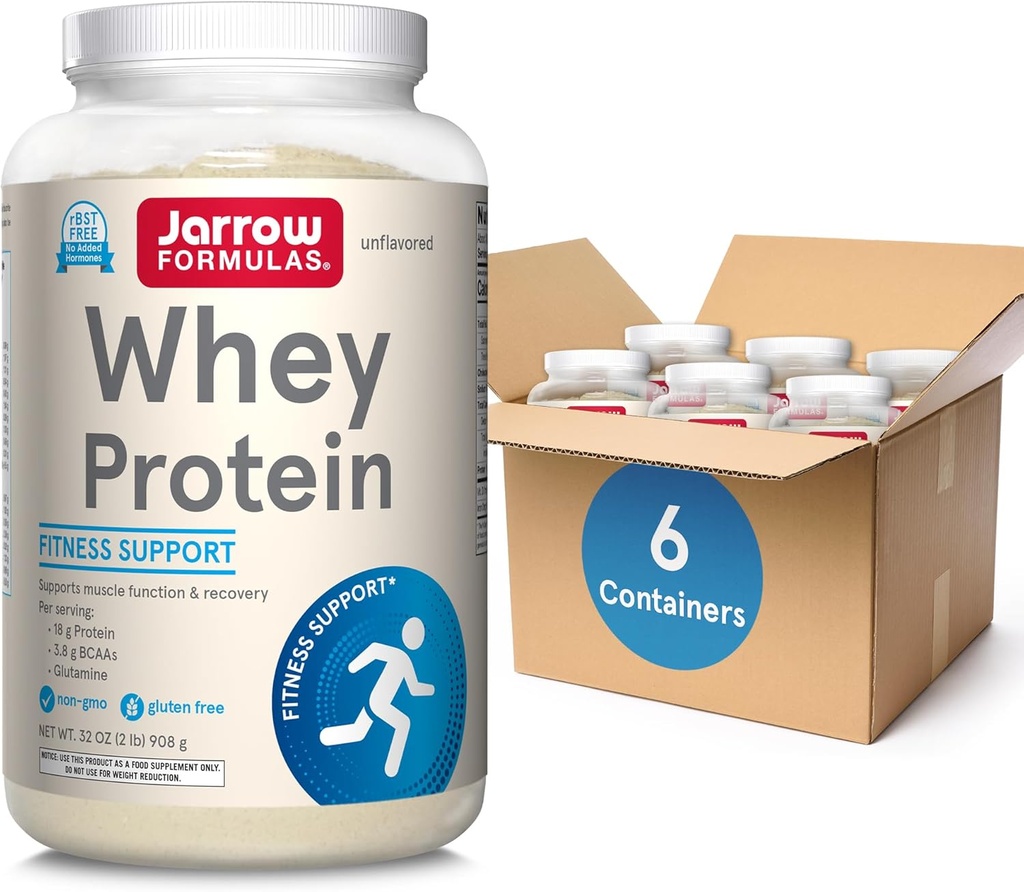 Jarrow Formulas Whey Protein Med 18g Protein, 3,8 g BCAA och Glutamin, Kosttillskott för muskelfunktion och återhämtningssupport, 32 oz Unflavored Powder, Ungefär 38 dagars leverans, 6 Packs
