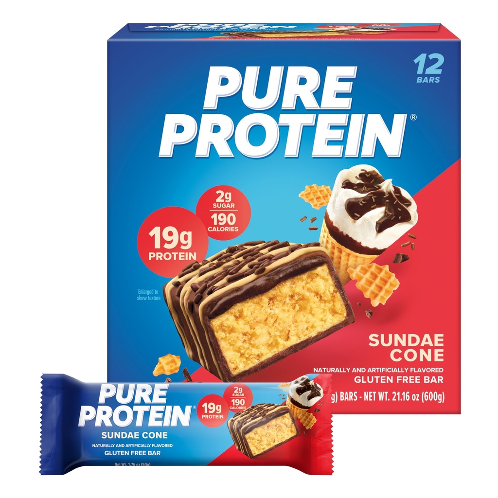 Pure Protein Sundae Cone Protein Bars – 20g Protein, 3g Sugar, 190 Calories (12 count) Low Sugar* High Protein Snack - Gluten Free - Perfect for a Healthy Snack