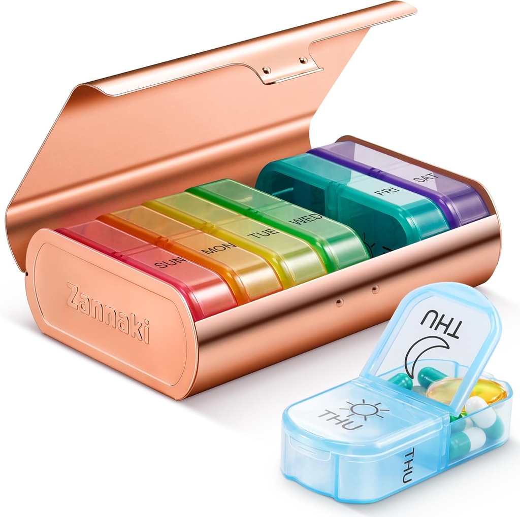 Zannaki Metal XL Weekly Pill Organizer 2 gånger om dagen, Large Travel Daily Pill Box 7 Day, Portable Week Twice Pill Holder Container, AM PM Pill Case för medicin Vitamin Medication Supplement, Gold