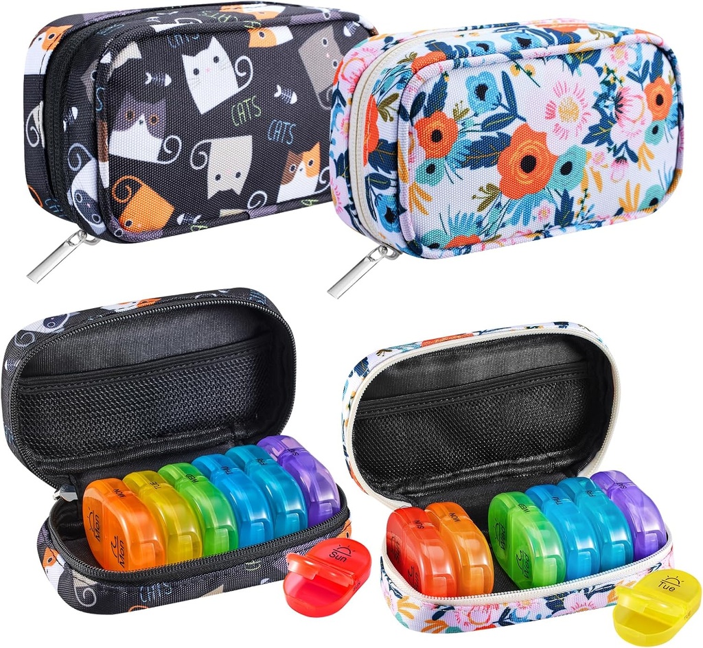 Serfeymi Weekly Travel Pill Organizer 2 Times A Day AM PM Rainbow Pill Box 7 Day med Zipper Canvas Pill Case, Medicine Organizer för piller, vitaminer, fiskoljor - Svart 02 + Bloom 01