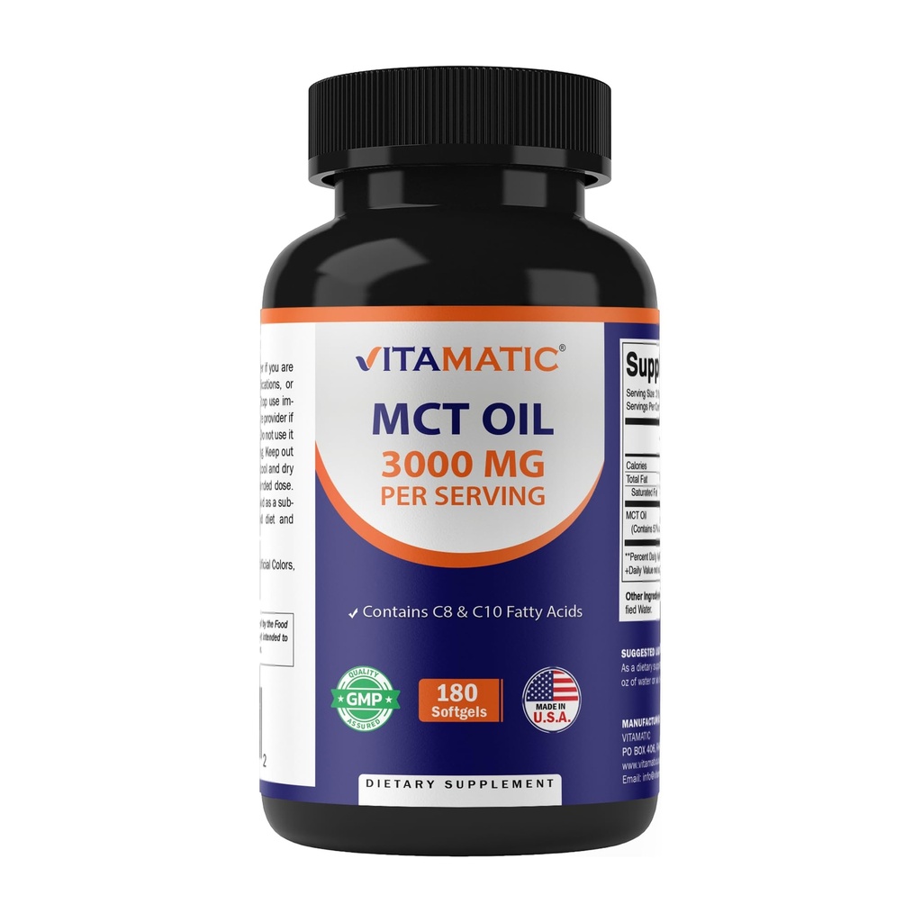 Vitamatic MCT Olja 3000 mg per servering - 180 Softgels - från Coconut Oil - Innehåller 55% caprylic Acid C8 och 40% capric Acid C10