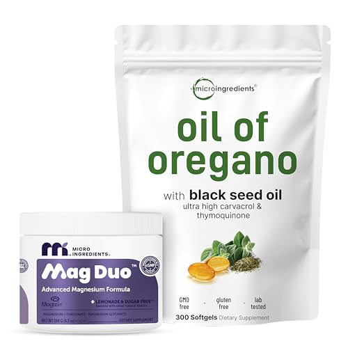 Micro Ingredients Mag Duo Magtein Magnesium L‑Threonate Powder & Oil of Oregano 300 Softgels 2 Pack | with Magnesium Glycinate for Calm, Sleep & Focus Support | 4X Strength Carvacrol + Black Seed Oil