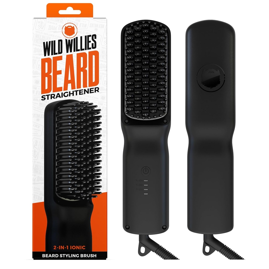 Wild Willies Beard Straightener för män - 3 Temperaturinställningar, Tourmaline Ceramic Heated Beard Brush & Hot Comb - Portable, Ionic Technology, Coarse & Curly Hair, 400F - Grooming Tool