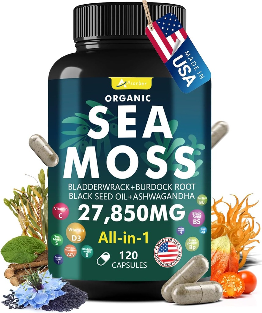 Sea Moss Capsule Komplex med Sea Moss, Black Seed Oil, Aşhwagandha, Ginger & Vitamins C, D3-120 kapslar, Superfood Supplements - Avancerade Seamoss Pills, Wild Sea Moss Pills, Made in USA