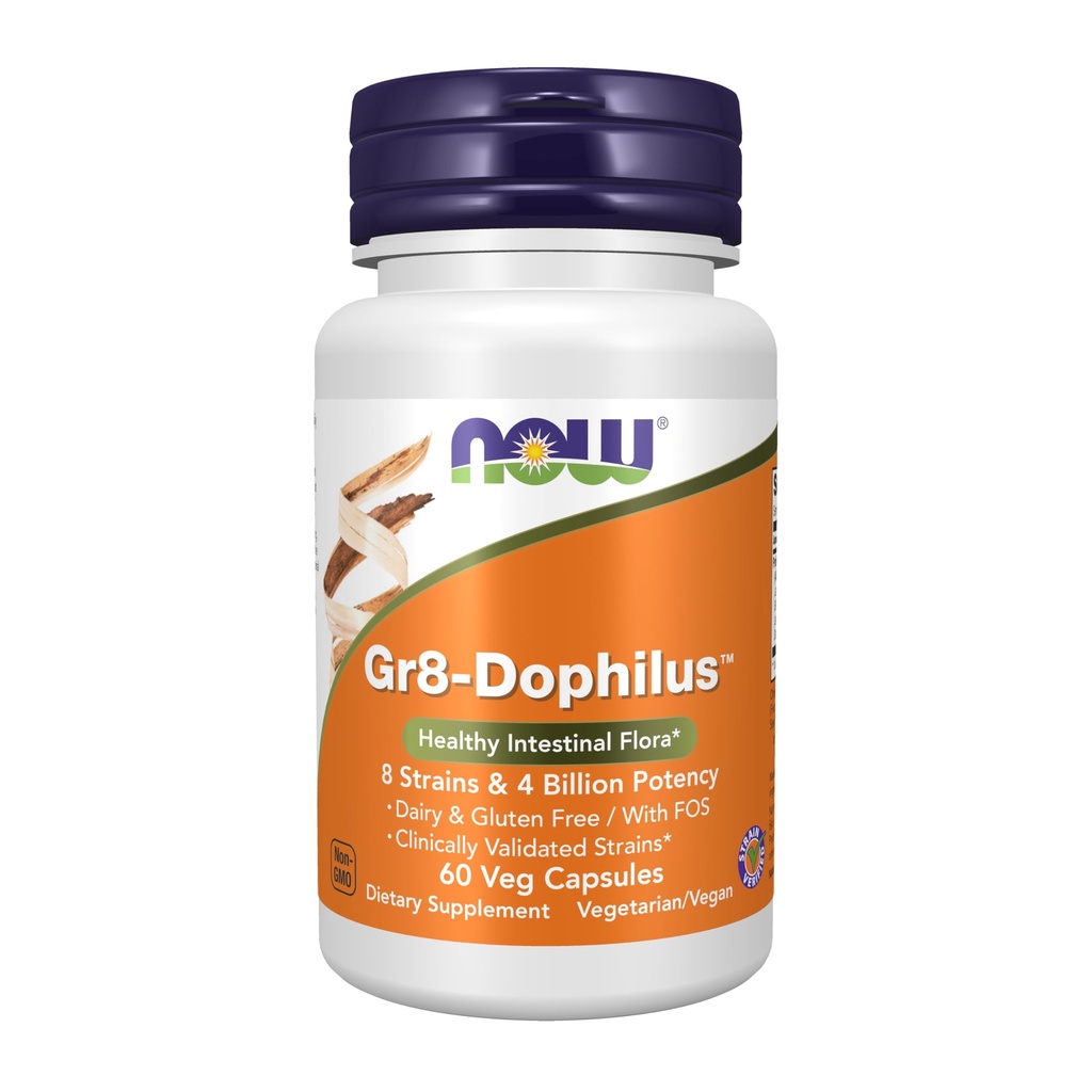 NOW Foods Supplements, Gr8-DophilusTM med 8 stammar och 4 miljarder styrka, Shelf Stable, 60 Veg Capsules