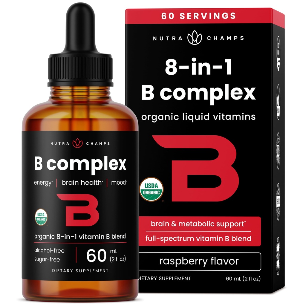 USDA Organic Vitamin B Complex Liquid Drops Sublingual B12 Methycobalamin | B1, B2, B3, B5, B6, B7, B9 | Methylated B Vitamins Complex för kvinnor och män | Biotin, Niacinamide, Folate & Folic Acid, 2oz