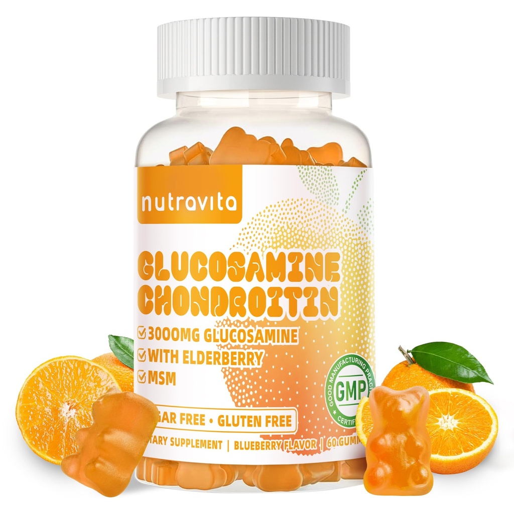 Nutravita Glucosamine Chondroitin Gummies med MSM & Elderberry Extra Strength - Gemensamt stöd, Antioxidant Immune Support Supplement för vuxna, Män & Kvinnor.60 Orange Chews