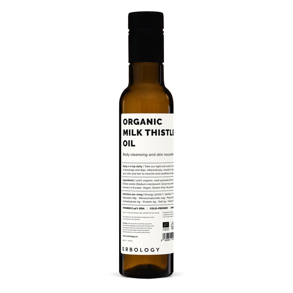 Erbology Organic Milk Thistle Oil 8.5 fl oz - Cold-Pressed - High in Vitamin E - Detoxifying - Straight from Farm - Non GMO - No Additives or Preservatives - Recyclable Glass Bottle