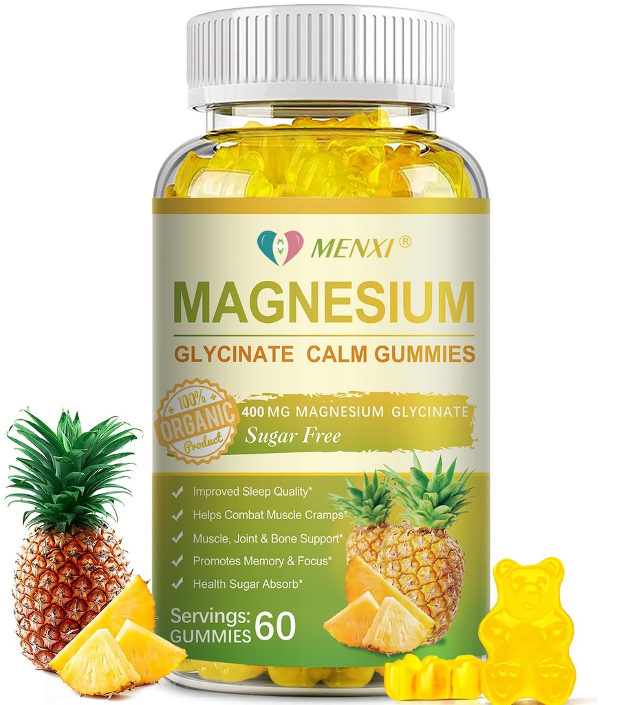 Magnesium Glycinate Gummies 400mg, Sugar Free Magnesium Taurate, Malate Supplement med vitamin D, B6, CoQ10 för avkoppling, stressavlastning, muskel, ben och sömnstöd - 60 Pineapple Gummies