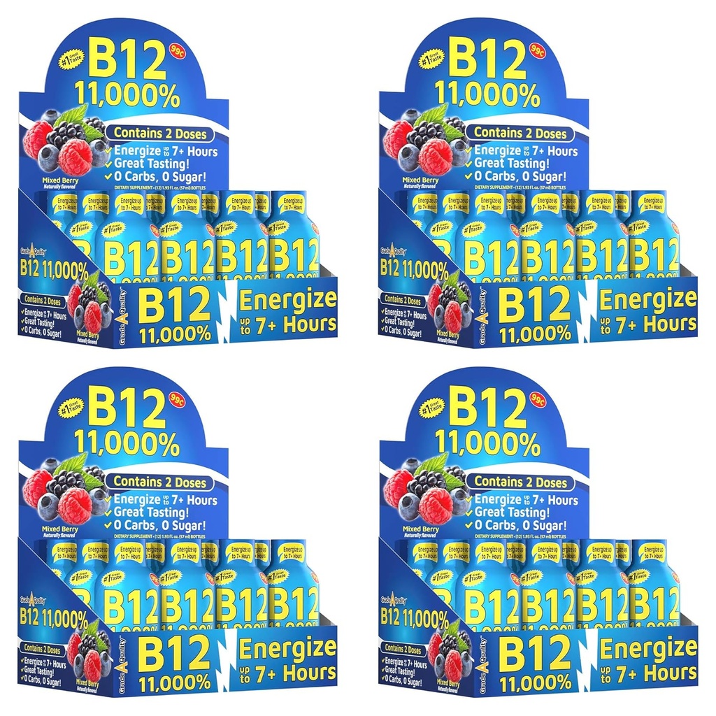 Grad A Quality, B12 Mixed Berry Flavor, Upp till 7 + timmars energi, 1,93 Fl Oz, 48 räkna
