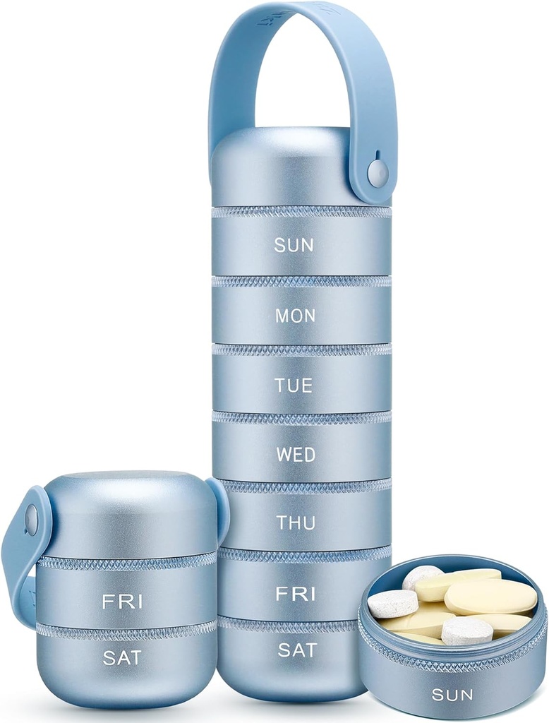 Zannaki Metal Weekly Pill Organizer, Large Travel Pill Box 7 Day, Waterproof Daily Pill Case med Silicone Handle, Aluminiumlegering Portable Pill Holder Container för vitamin, medicin, tillägg, piller