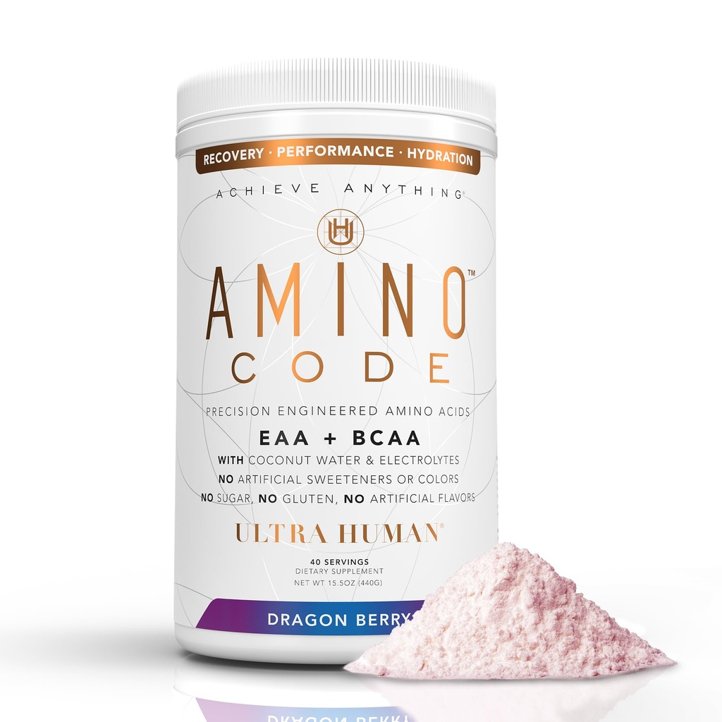 Ultra Human Amino Code | Essential Amino Acids + BCAAs + Coconut Water Electrolytes | Snabb Hydration Workout Recovery smaksatt Amino Energy Powder Drink | Ren Formel, 40 portioner - Dragonberry