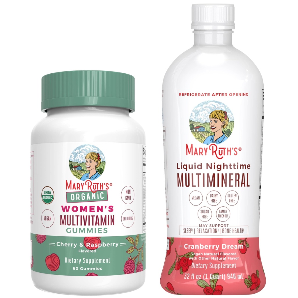 MaryRuths Multivitamin Gummies for Women (Cherry & Raspberry) & Liquid Nighttime Multimineral (Cranberry) | Clean Label Project Verified® | Vegan, Non-GMO | Beauty, Bedtime, Overall Health