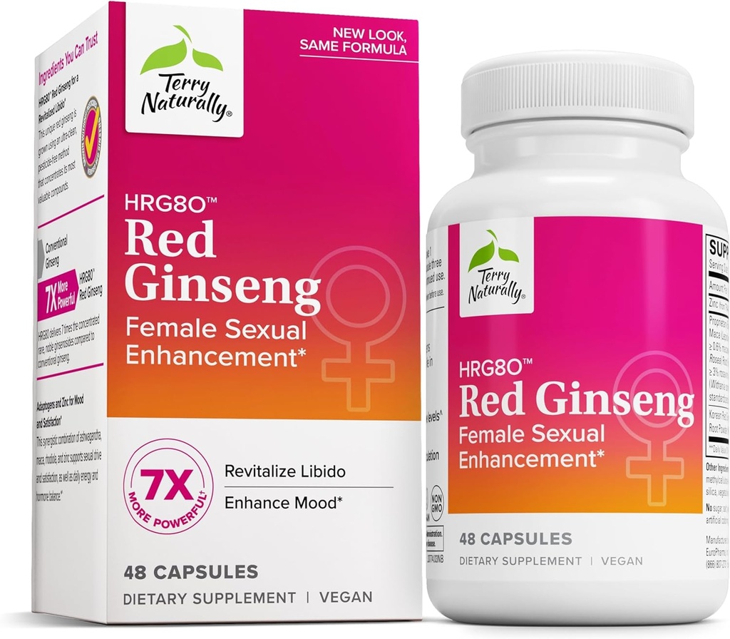 Terry Naturligt HRG80 Red Ginseng Kvinnlig Sexuell Förbättring - Kosttillskott för cirkulation, uthållighet och energistöd - Vitalitetsstöd med Ashwagandha, Red Ginseng & Zink - 48 kapslar