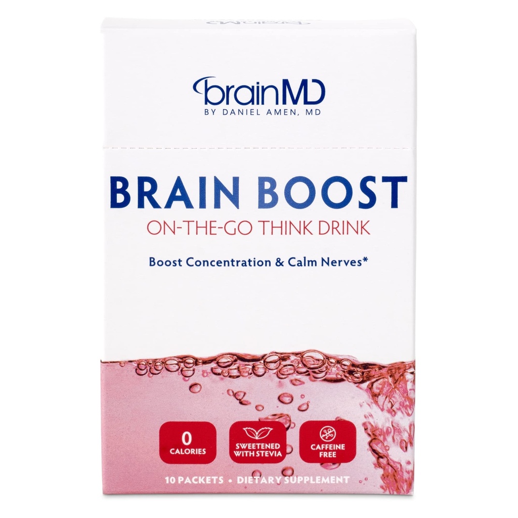 BRAINMD Dr Amen Brain Boost On The Go - 10 Packets, Berry Flavor - Nootropic Drink Powder, Promotes Focus, Clarity & Mental Energy - Caffeine Free, Gluten Free - 10 Servings