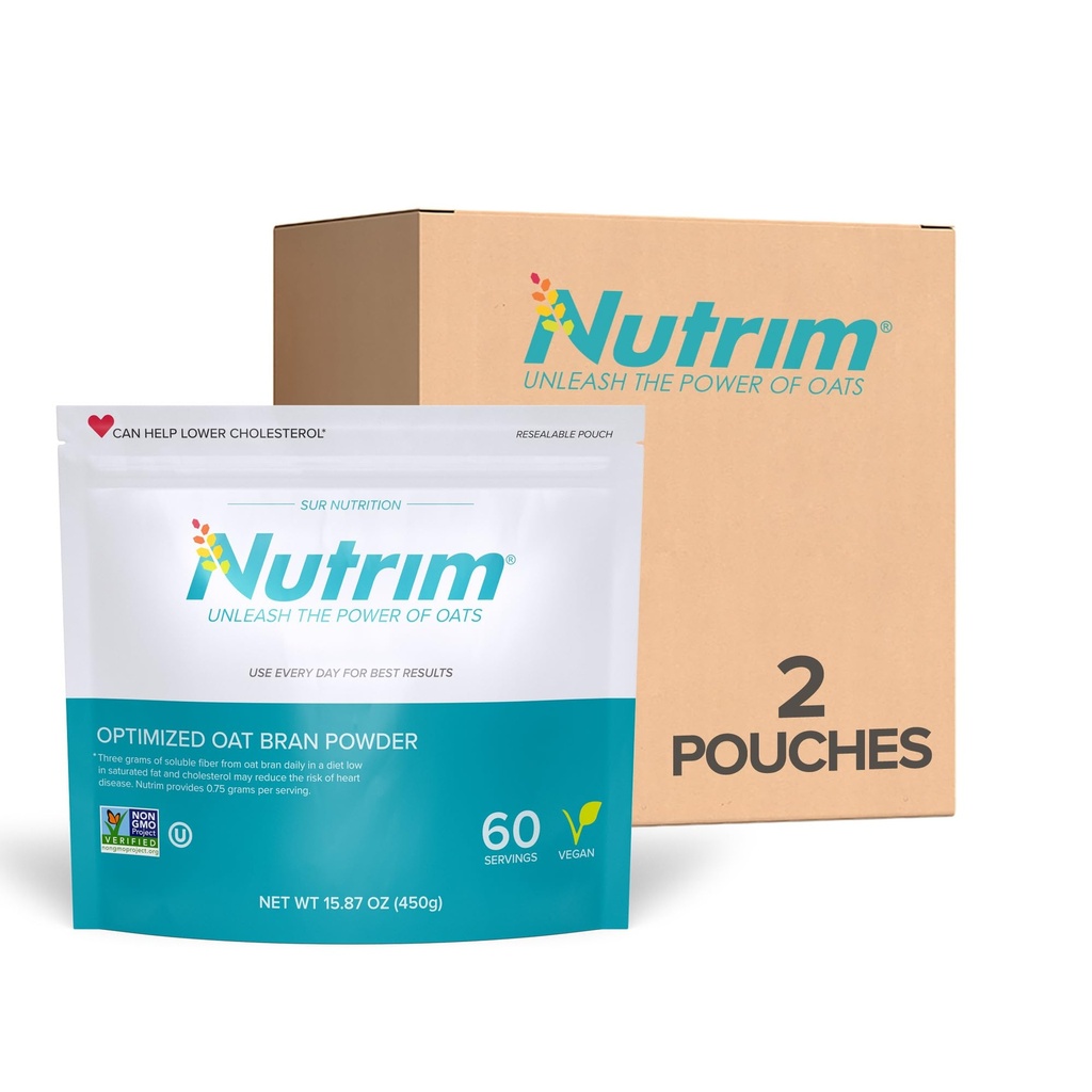 Nutrim Oat Bran Powder with 750mg Beta Glucan per Serving - Easy-Mix Soluble Fiber for Cholesterol Management & Immune Support - Heart Healthy, Non-GMO & Vegan Oatmeal (60 Servings 2 Pack)