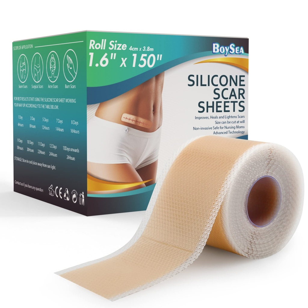 Professionell Silicone Scar Sheets (1,6 "x 150" Scar Roll-3,8M) - Scars Removal Treatment - Återanvändbar Silicone Scar Tape Strips Typ för Keloid, C-Sektion, Kirurgi, Bränn, Acne et