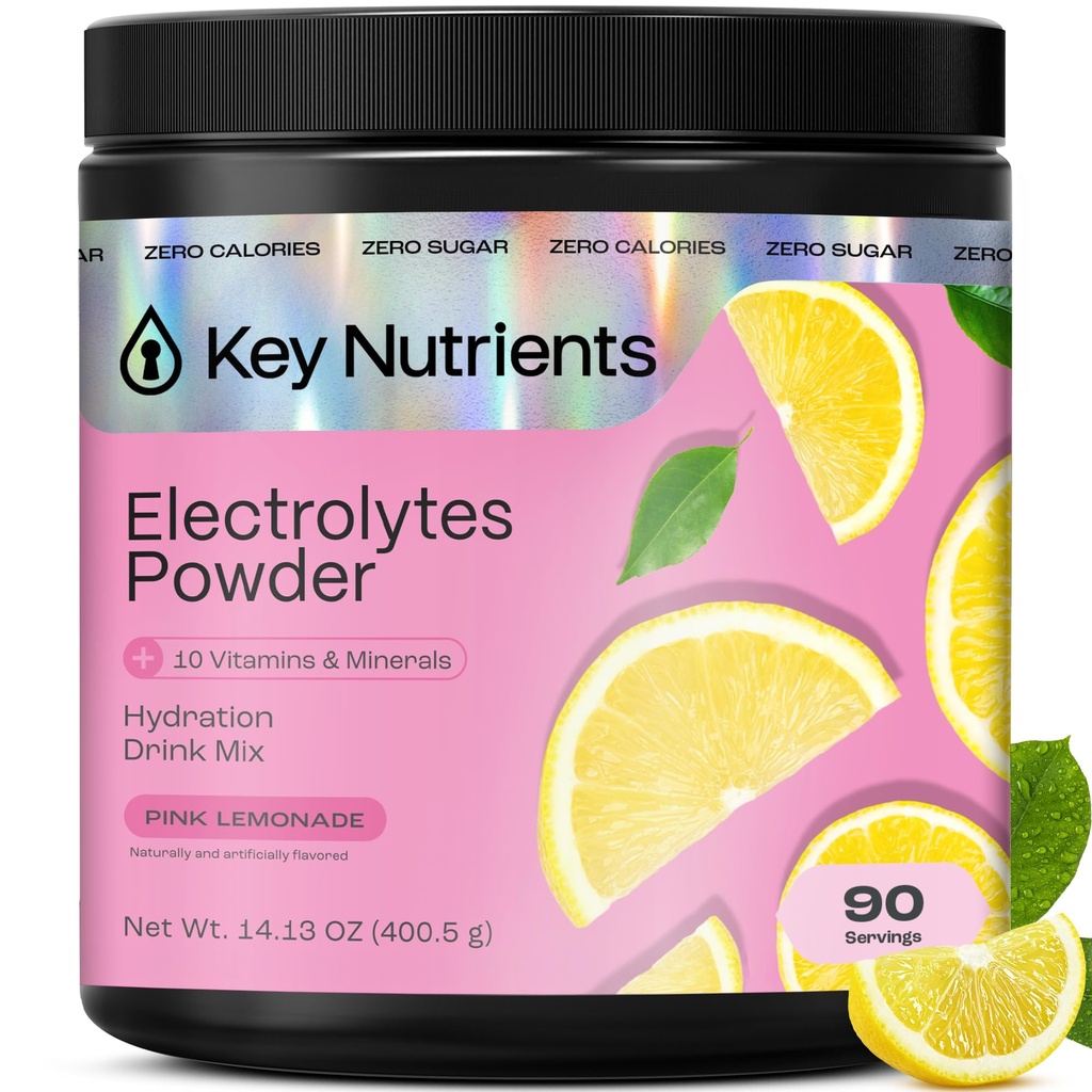 KEY NUTRIENTS Multivitamin Electrolytes Powder No Sugar - Fresh Pink Lemonade Electrolyte Powder - Endurance & Energy Supplement - Hydration Powder - No Calories - 90 Servings - Made in USA