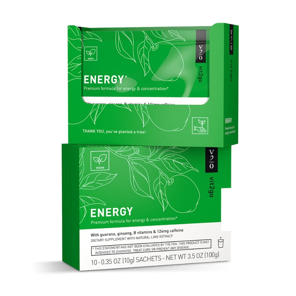 Natural Energy Drink Mix - 124mg Caffeine from Ginseng & Guarana | Sugar-Free, No Crash Pre-Workou Powder | B Vitamins, Magnesium & Zinc | Focus & Performance | Keto, Vegan | 10 Sachets