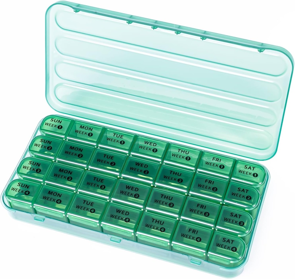 28 Day Monthly Pill Organizer - 4 Week Pill Box 1 Time a Day, 7 Day Medicine Organizer Box, Travel Pill Container for Vitamin, Fish Oil (Olive Green)