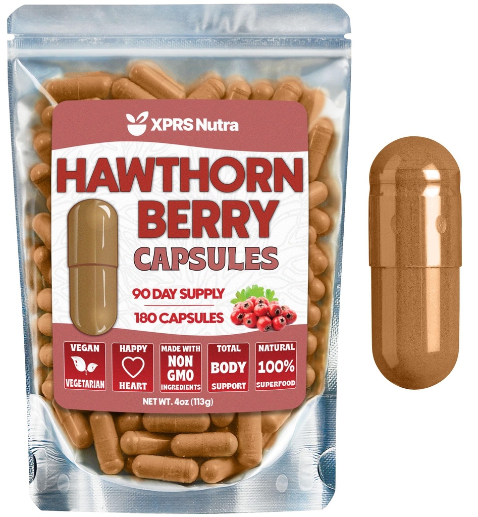 XPRS Nutra Hawthorn Berry Capsules - 180 Count (90 Day Supply) of Premium Hawthorne Berry Capsules for Cardiovascular Support - Vegan Friendly Hearth Health Supplement