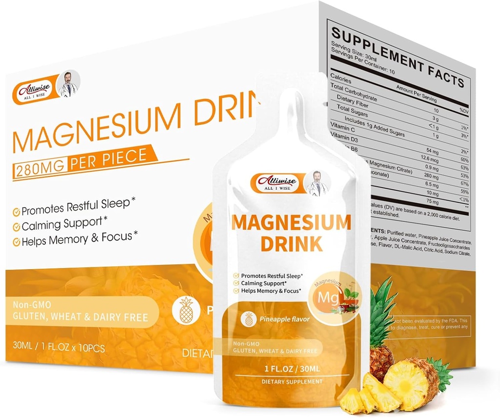 Magnesium Citrate Liquid Magnesium Drink Oral Solution med Vitamin, Zink & Sodium Bromelain, Essential Magnesium Supplement Support Immune, Bone Health och Zzz, Pineapple Flavor, 10 Fl Oz