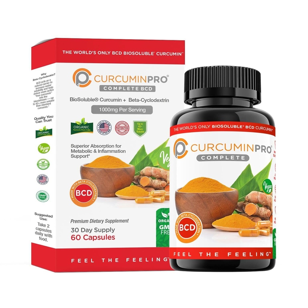 Curcuminpro Komplett BCD | Världens enda BioSoluble Vegan Beta Cyclodextrin & Organic Turmeric Curcumin | Natural Joint & Muscle Support | Vegan | 60 Count