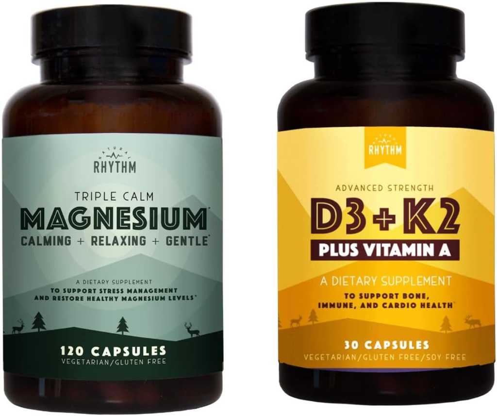 Natural Rhythm Triple Calm Magnesium 150 mg - 120 kapslar - Magnesium Komplex Förening Supplement W/Natural Rhythm Vitamin D3 + K2 (MK7) Plus Vitamin A, för ben, hjärta och immunhälsa, 30 kapslar