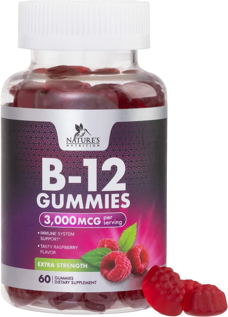 B12 Vitamins Energy Gummies 3000 mcg - Extra styrka B 12 Gummy för Metabolism & Immune System Support - Chewable Dietary B12 Supplements for Adults & Kids Caffeine Free Gummy Vitamin - 60 Gummies