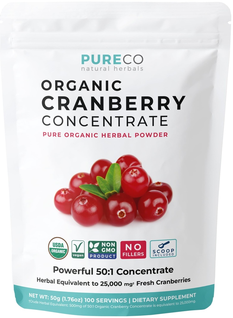 USDA Organic Cranberry Concentrate (50:1) Pulver - 500mg är lika med 25 000 mg färska tranbär - för njurrening och UTI Support Vitaminer - Kvinnor - Tillägg - 100 portioner - Inga piller