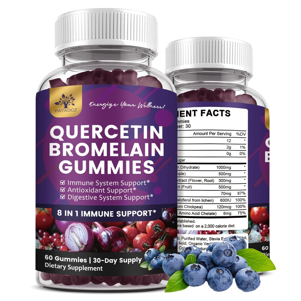 (2 Pack) Quercetin Gummies med Bromelain Zinc Elderberry Vitamin C D3 K2, Quercetin 1000mg Supplement med Bromelain 500mg för Cardiovascular, Immune System & Allergy, Vegan Gummy för Adult & Kid