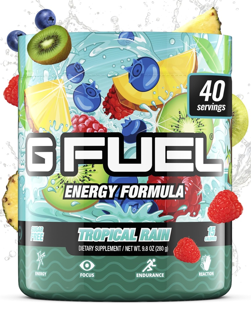 G bränsle Tropical Rain Energy Drink Powder, Pre Workout Caffeine Mix för spel, Sugar Free Focus Amino, Vitamin + Antioxidanter, 9.8oz (Fruit Medley, 40 portioner)