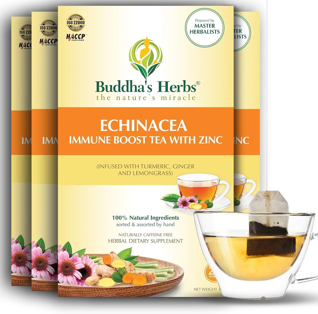 Premium Echinacea Tea with Zinc (Pack of 4, 88 Tea Bags) - Decaffeinated Healthy Tea for Immune Health - Organic Herbal Tea Bags w/Natural Ingredients - Idealiska Tea Gifts for Tea Lovers