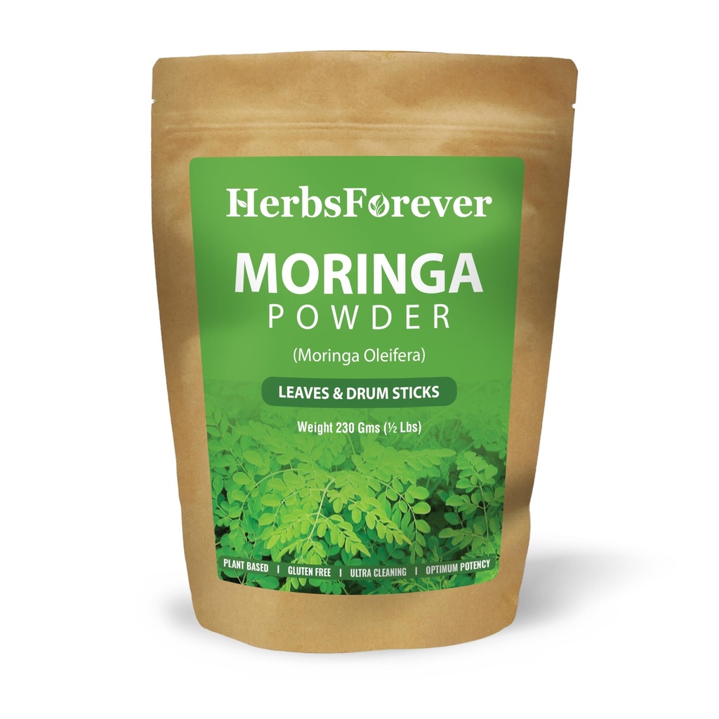 Herbsforever Moringa Oleifera Leaf & Drum Stick Powder| Supergreen Food for Drinks, Tea, Smoothies & Recipes| Antioxidants & Rich Vitamins |India Organic Grown -Non GMO | Ultra Clean| 230gm-1/2LBS