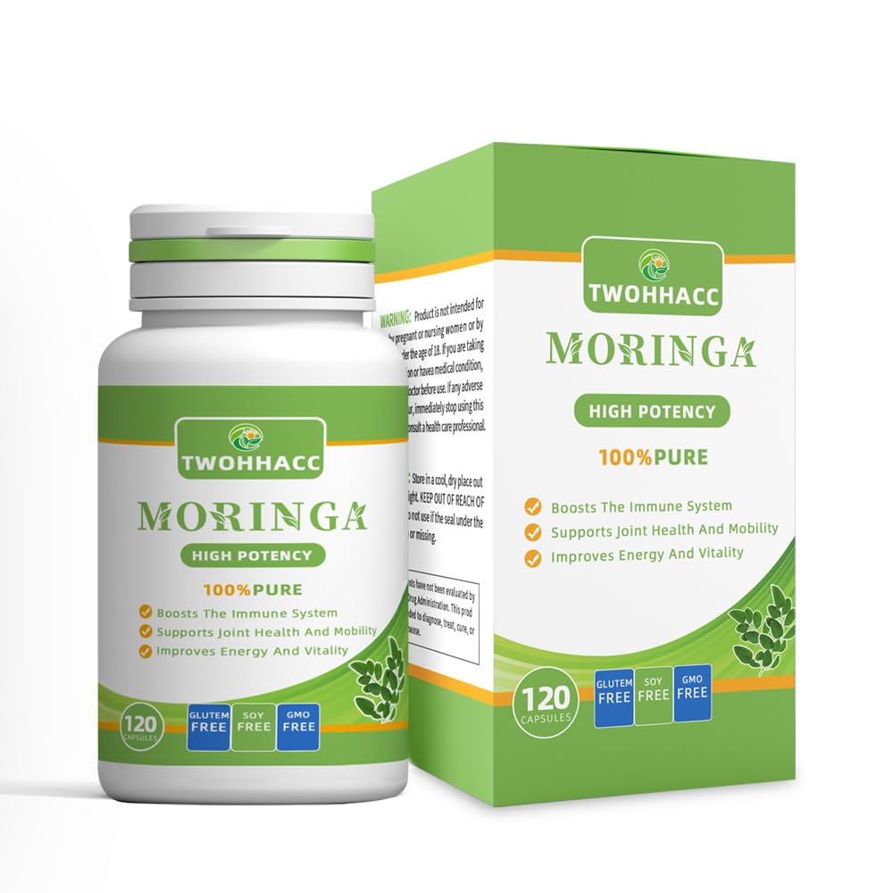 Organic Moringa Powder Capsules Pure Moringa Leaf Supplement Green Antioxidant Superfood Supports Energy Immune Joint Gut Skin Health Vegan and Non-GMO 120ct